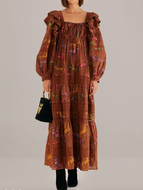 FARM Rio Dresses & Skirts - FARM Rio Brown Dotted Horses Ruffled Maxi Dress with Square Neckline. Size S